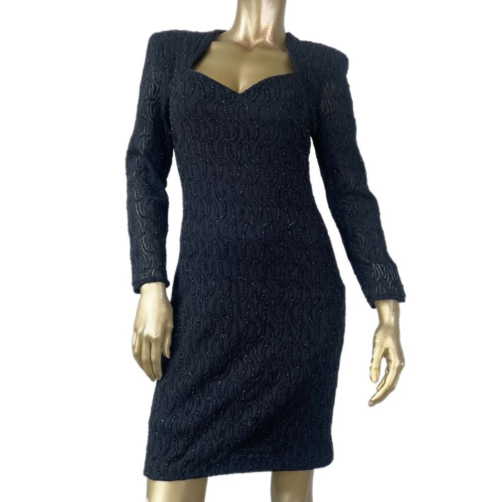 VINTAGE NIKI SHEER LACE BLACK METALLIC SWEATHEART NECKLINE MINI DRESS SIZE 12